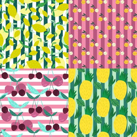 Set of fruits seamless pattern on stripes background. Cherry berries, pineapples, lemons and leaves...