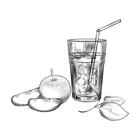 Apples fruit cocktail sketch. Slices of apple. Apple fruit juice image. Engraving style. Hand drawn vector illustration isolated on white background.のイラスト素材