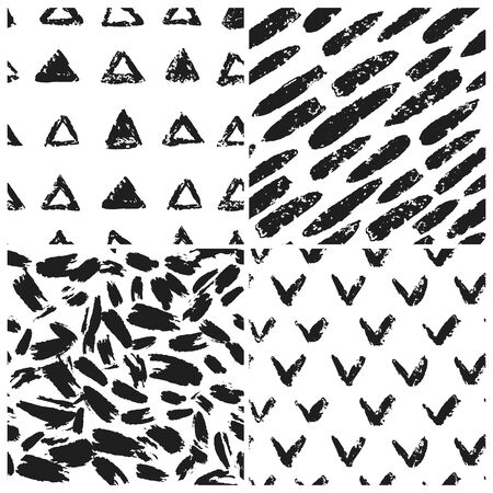 Set of grunge texture seamless pattern. Triangle shapes, check mark, stripes and abstract artistic brush wallpaper. Vector illustrationのイラスト素材