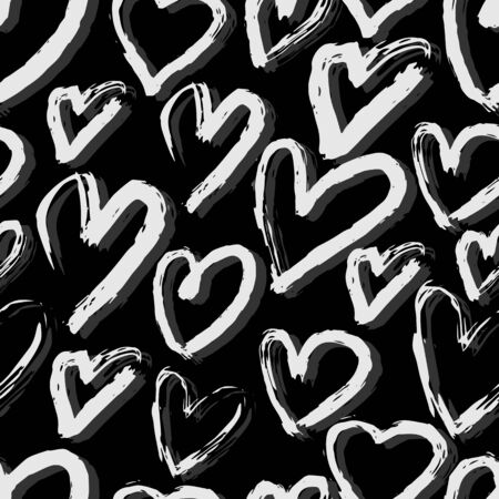 Gray hand drawn hearts seamless pattern on black background. Black freehand ink. 14 february. Vector illustration.のイラスト素材