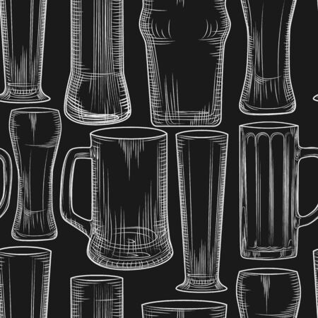 Empty beer mug seamless pattern on black chalkboard. Engraving style. Alcoholic beverage design. Beer glasses backdrop. Hand drawn vector illustration on white backgroundのイラスト素材