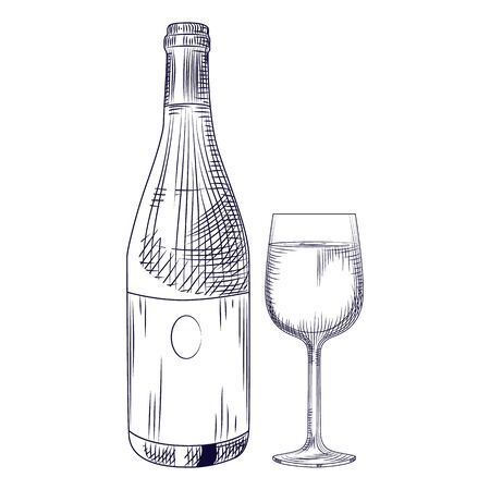 Hand drawn wine bottle and glass. Isolated objects on white background. Engraving style. Vector illustrationのイラスト素材