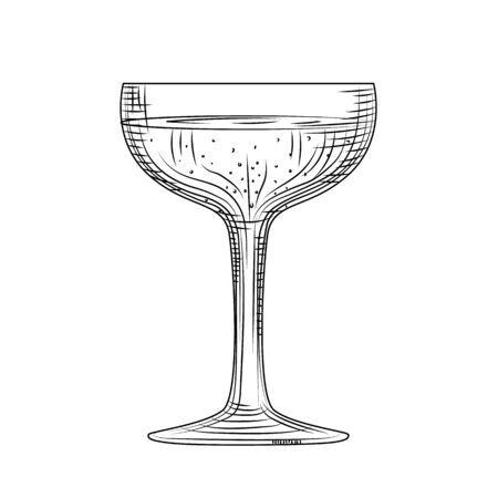 Saucer glass. Hand drawn champagne glass sketch. Full sparkling wine glass. Engraving style. Vector illustration isolated on white background.のイラスト素材