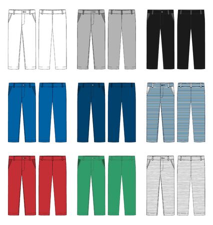 Set of kids trousers design template. Male pants. White, gray, black, blue, yellow, red, green colors pants. Front and back view. Technical sketch of casual pants. Vector illustrationのイラスト素材