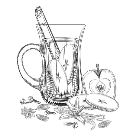 Hand drawn apples mulled wine. Mulled wine glass, apple, cinnamon sticks, cloves, vanilla, anise, cardamom.のイラスト素材