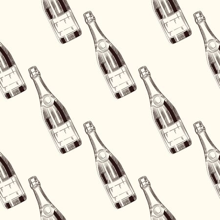 Champagne bottles seamless pattern. Sparkling wine backdrop. Engraving style. Design for fabric, textile print, wrapping paper. Vector illustrationのイラスト素材