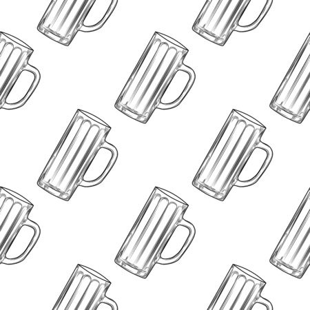 Empty beer mug seamless pattern. Beer glasses backdrop. Alcoholic beverage design. Engraving style. Design for fabric, textile print, wrapping paper. Vector illustrationのイラスト素材