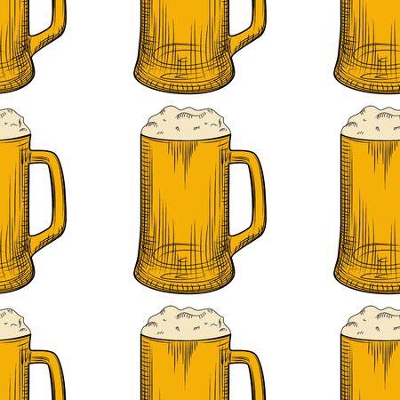 Beer mug seamless pattern. Full beer glasses with foam backdrop. Engraving style. Alcoholic beverage design. Design for fabric, textile print, wrapping paper. Vector illustrationのイラスト素材