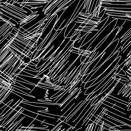 Abstract scribble seamless pattern on black background. Intersecting random lines backdrop. Chaotic rough texture. Design for fabric, wrapping paper. Vector illustrationのイラスト素材