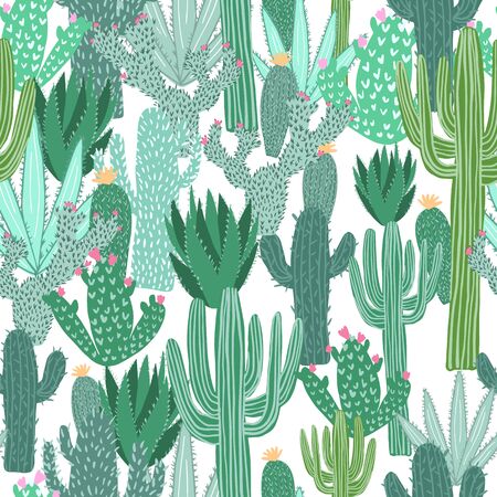 Cactus seamless pattern on white background. Doodle exotic wallpaper. Cacti vector backdrop. Succulent flower endless textile illustration. Printing, textile, fabric, interior, wrapping paper conceptのイラスト素材