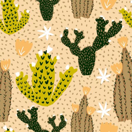 Hand drawn cactus seamless pattern on polka dot background. Cacti exotic sketch wallpaper. Printing, textile, fabric, interior, wrapping paper. Vector illustrationのイラスト素材
