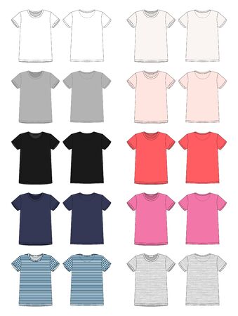 Set of technical sketch unisex t-shirt design template. Front and back view. White, grey, black, blue, milk, pink, red colors, melange and stripes fabric. Vector illustrationのイラスト素材