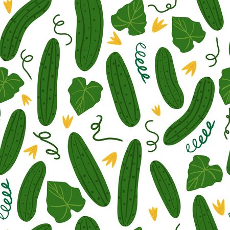 Cucumber seamless pattern on white background. Vegetable wallpaper. Design for fabric, textile print, wrapping paper, textile, restaurant menu. Vector illustrationのイラスト素材