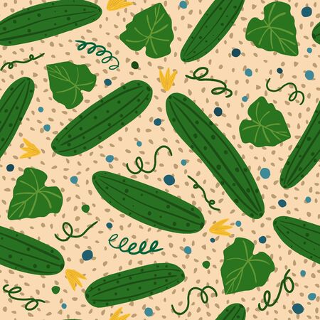 Seamless pattern with cucumber. Vegetable wallpaper. Design for fabric, textile print, wrapping paper, textile, restaurant menu. Vector illustrationのイラスト素材