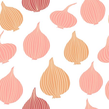 Onion in doodle style seamless pattern on white background. Hand drawn onion bulb vegetable wallpaper. Vegetarian healthy food. Design for fabric, textile print, wrapping paper. Vector illustrationのイラスト素材