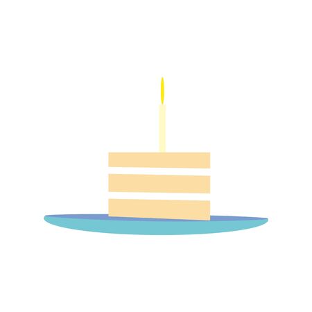 Piece of cake on a plate with a candle in flat style. Delicious dessert, isolated on white...