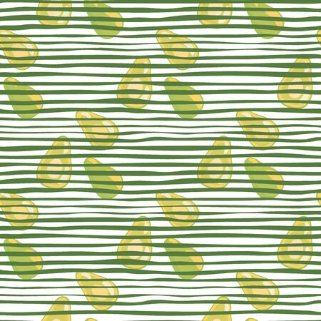 Avocado seamless pattern on stripes background. Vegetarian healthy food wallpaper. Design for fabric, textile print, wrapping paper, kitchen textiles. Trendy vector illustrationのイラスト素材
