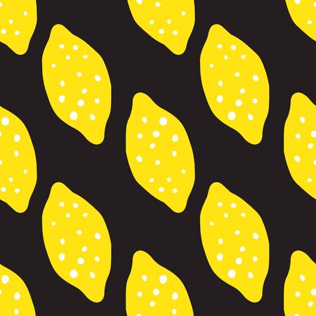 Lemon seamless pattern on black background. Hand drawn citrus fruits wallpaper. Modern design for fabric, textile print, wrapping paper, kitchen textiles. Vector illustrationのイラスト素材