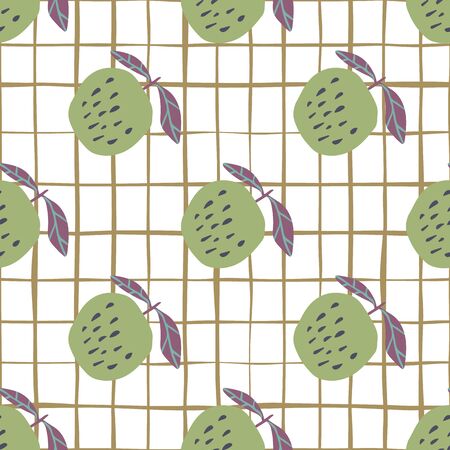 Cute green apples seamless pattern. Botanical print. Stripes background. Trendy vector illustration. Modern design for fabric, textile print, wrapping paper, children textile.のイラスト素材