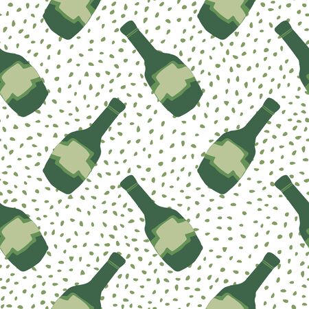 Funny glass bottle seamless pattern on stripes background. Alcohol rum bottles. Bar menu backdrop. Modern design for fabric, textile print, wrapping paper. Creative vector illustrationのイラスト素材