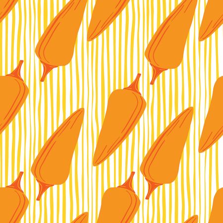Chilli seamless pattern on stripe background. Chile peppers wallpaper. Creative vegetarian healthy food texture. Design for fabric, textile print, wrapping paper, kitchen textiles. Vector illustrationのイラスト素材