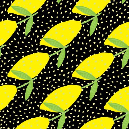 Funny lemon with leaf seamless pattern on white background. Hand drawn citrus fruits. Design for fabric, textile print, wrapping paper, kitchen textiles. Modern design. Vector illustrationのイラスト素材