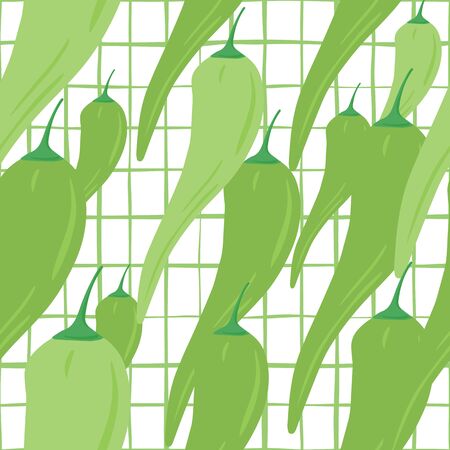 Chile peppers wallpaper. Chilli seamless pattern on stripe background. Creative vegetarian healthy food texture. Design for fabric, textile print, wrapping paper, kitchen textiles. Vector illustrationのイラスト素材