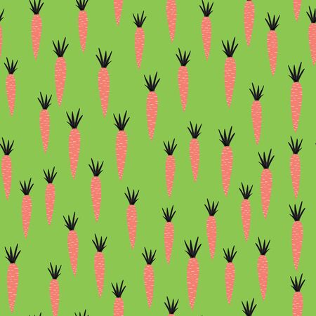 Geometric carrots backdrop. Cute orange carrot seamless pattern on green background. Botanical...