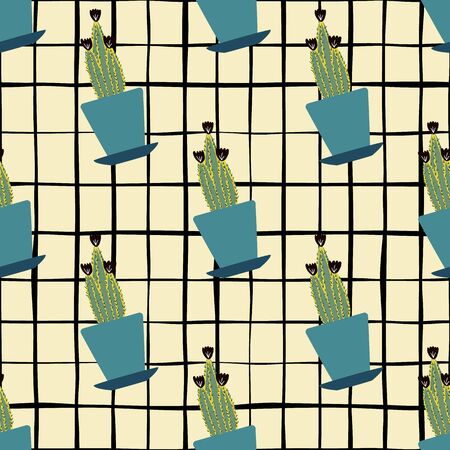 Houseplant cacti wallpaper in doodle style. Hand drawn cactus in pot seamless pattern on stripes background. Design for fabric, textile print, wrapping paper. Creative vector illustration.のイラスト素材