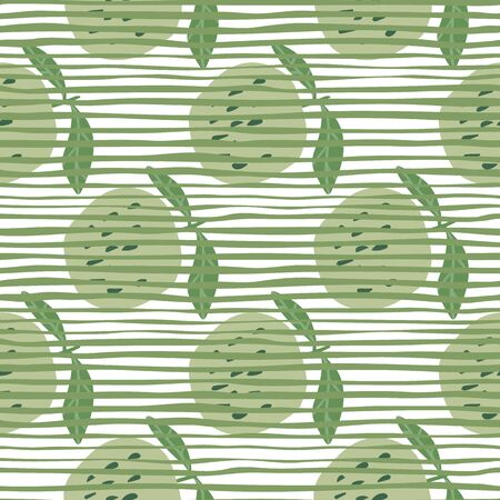 Green apples seamless pattern in doodle style on stripes background. Botanical print. Trendy vector illustration. Modern design for fabric, textile print, wrapping paper, children textile.のイラスト素材