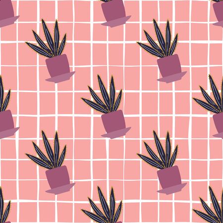 Aloe cactus in pot seamless pattern on pink stripes background. Houseplant cacti wallpaper. Design for fabric, textile print, wrapping paper, kitchen textiles. Creative vector illustration.のイラスト素材
