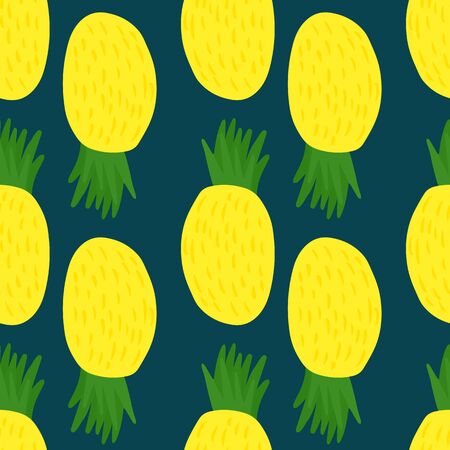 Cute yellow pineapple seamless pattern on dark background. Hand drawn summer colorful tropical textile print. Endless fruits vector texture. Design for fabric, textile print, wrapping paper, cover.のイラスト素材