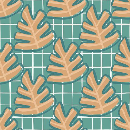 Tropical plant leaves on green background. Doodle leaf seamless pattern. Endless botanical texture. Hand drawn foliage vector illustration. Design for fabric, textile print, wrapping paper.のイラスト素材