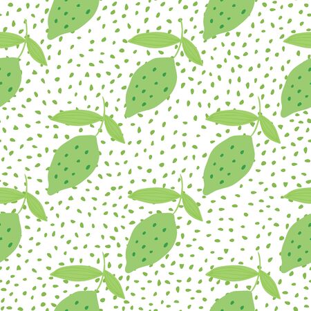 Trendy lemon with leaves seamless pattern on dots background. Hand drawn citrus fruits. Design for fabric, textile print, wrapping paper, kitchen textiles. Modern design.Vector illustrationのイラスト素材
