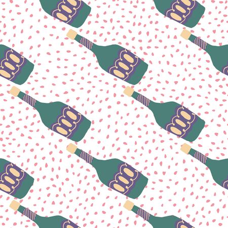 Alcohol rum bottles on dots background. Doodle glass bottle seamless pattern. Bar menu backdrop. Modern design for fabric, textile print, wrapping paper. Creative vector illustrationのイラスト素材