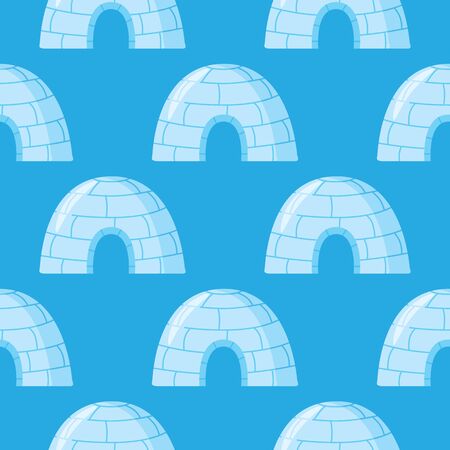 Icy cold house wallpaper. Winter construction from ice blocks backdrop. Igloo seamless pattern on blue background.Eskimo peoples house. Vector illustrationのイラスト素材