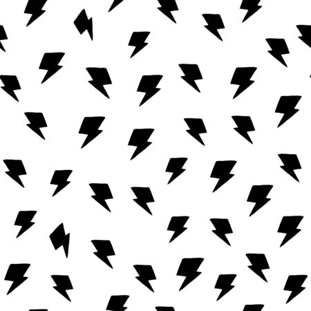 Random thunder backdrop seamless pattern on white background. Black lightning bolts. Thunderbolt wallpaper. Design for book covers, design, graphic art, wrapping paper, cover. Vector illustrationのイラスト素材