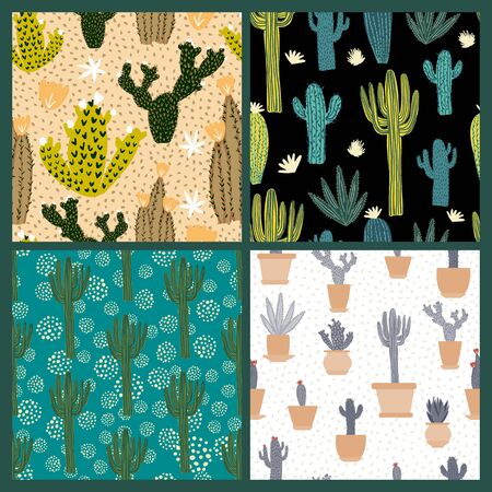 Set of cute cactus seamless pattern. Collection cacti exotic sketch wallpaper. Design for fabric, textile print, wrapping paper, fashion, interior, cover. Creative vector illustration.のイラスト素材