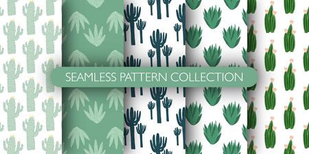 Set of simple geometric cactus seamless pattern. Collection cacti exotic sketch wallpaper. Design for fabric, textile print, wrapping paper, fashion, interior, cover. Creative vector illustration.のイラスト素材