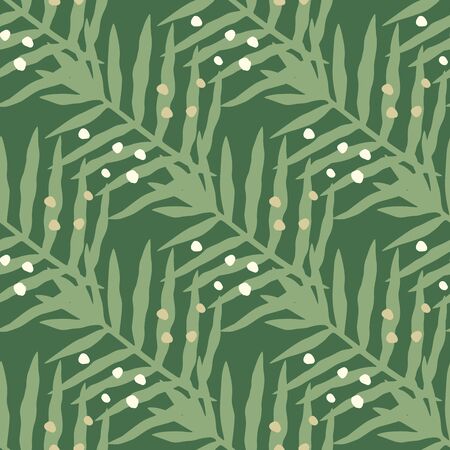 Geometric tropical fern leaves seamless pattern on green background. Botanical wallpaper. Design for fabric, textile print, wrapping paper, cover. Modern vector illustration.のイラスト素材