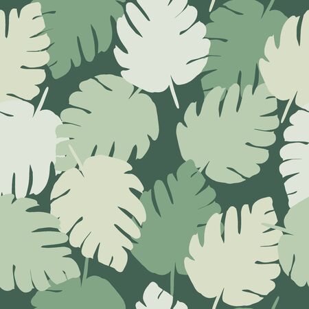 Monstera leaf seamless pattern on green background. Exotic jungle wallpaper. Tropical leaves design for fabric, textile print, wrapping paper, cover. Vector illustrationのイラスト素材