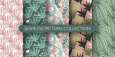 Set of abstract tropical leaves seamless pattern in doodle style. Jungle exotic leaf pattern collection. Botanical wallpaper.のイラスト素材