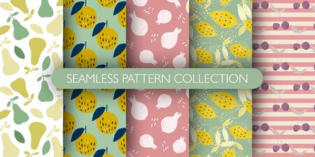 Set of fruits seamless pattern. Cute collection of patterns - lemon with leaves, pomegranate, cherry, pear, apple. Design for fabric, textile print, wrapping, kitchen textile. Vector illustrationのイラスト素材