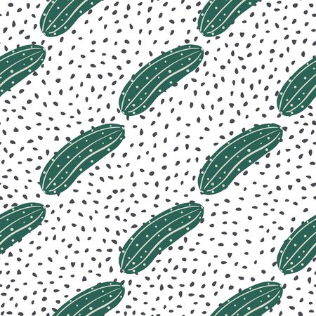 Doodle cucumber seamless pattern on black dots background. Cucumbers vegetable endless wallpaper. Design for fabric, textile print, wrapping paper, kitchen textiles. Vector illustrationのイラスト素材