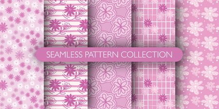 Set of doodle pink outline flower seamless patterns. Daisy floral background. Cute floral endless wallpaper. Decorative backdrop for fabric, textile print, wrapping. Hand drawn vector illustrationのイラスト素材