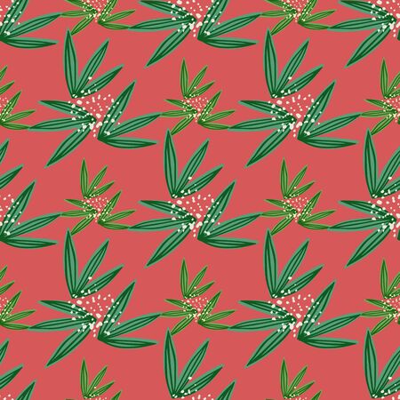 Hand drawn abstract flower seamless pattern on red background. Modern leaf endless wallpaper. Decorative backdrop for fabric design, textile print, wrapping, cover. Vector illustration.のイラスト素材
