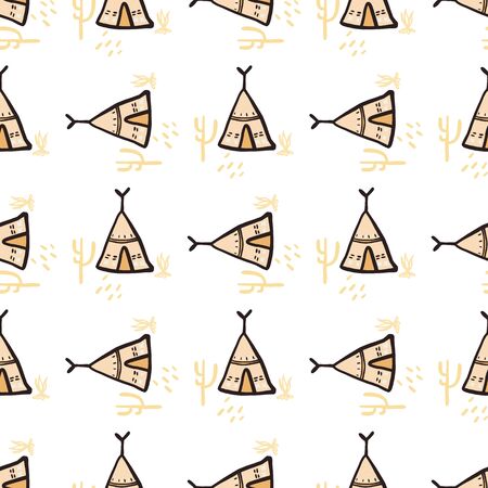 Teepee and cacti seamless pattern isolated on white background. Hand drawn style. Tribal wallpaper....