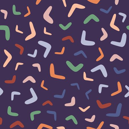 Boomerang seamless pattern on purple background. Abstract shape endless wallpaper. Decorative backdrop for fabric design, textile print, wrapping. Vector illustration.のイラスト素材