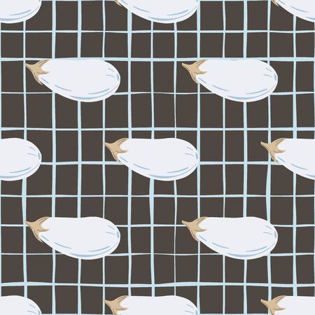 Eggplants seamless pattern on line background. Aubergines endless wallpaper. Decorative backdrop for fabric design, textile print, kitchen textiles, wrapping, cover. Food vector illustration.のイラスト素材