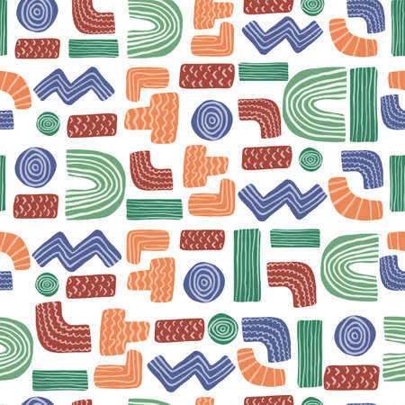 Abstract shapes vector seamless pattern. Zig zag, plus, minus, t symbol, line doodle shapes. Kids...